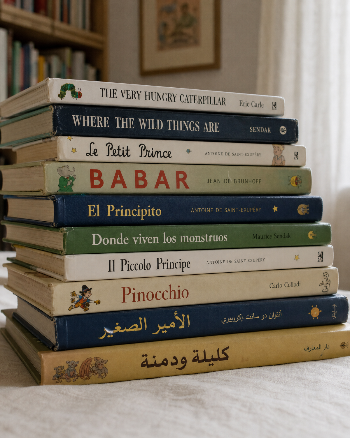 A flatlay of multilingual children's books with a sprig of eucalyptus