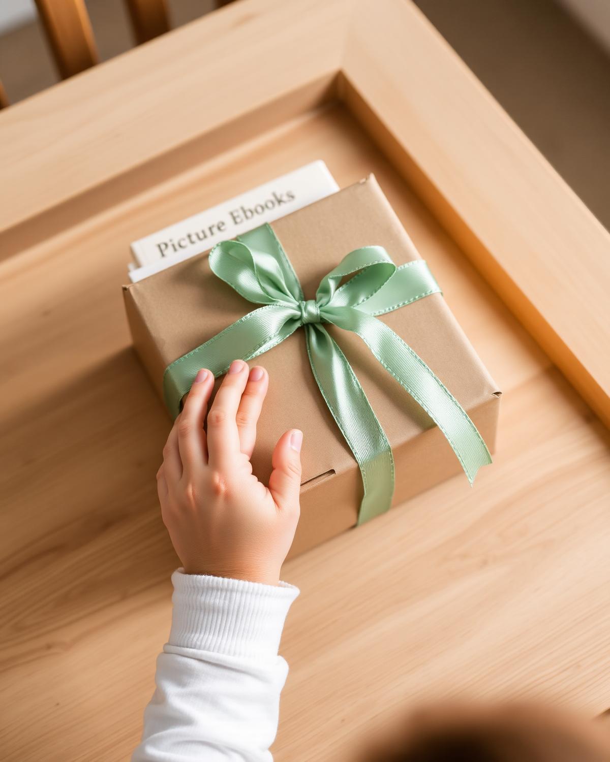 Child opening a kraft paper box of books tied with sage ribbon