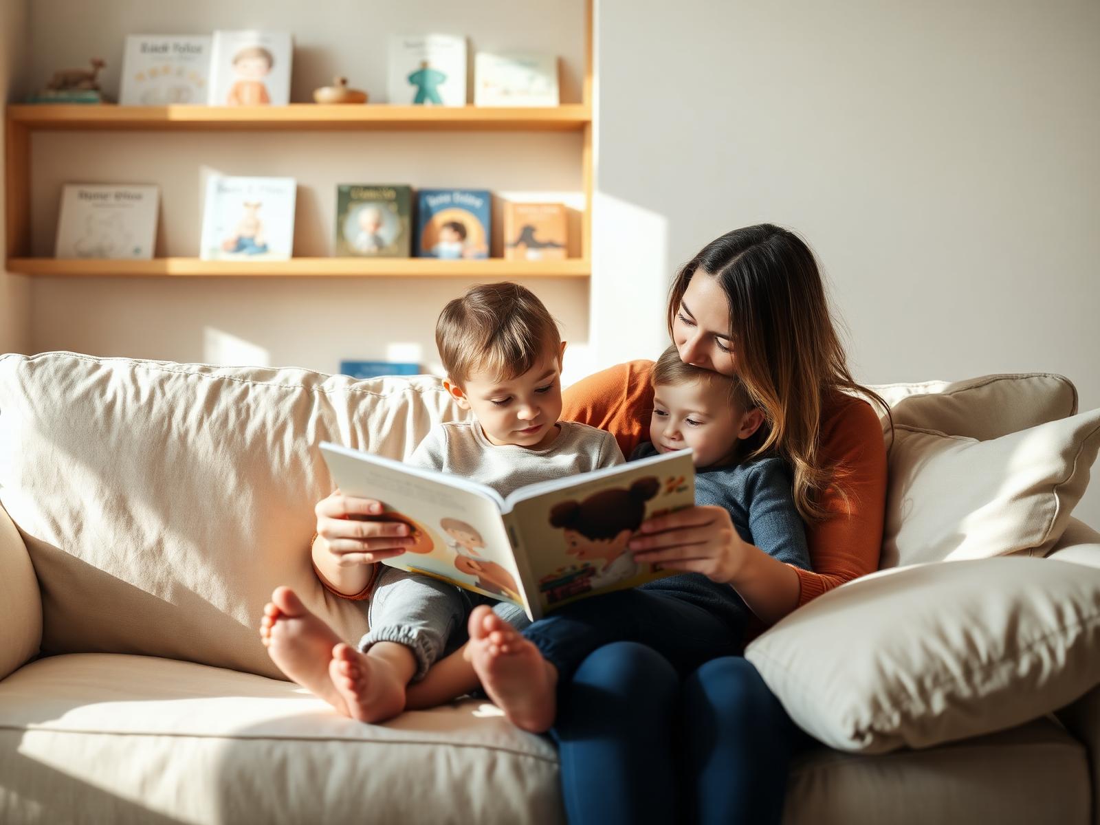 A parent reads a picture book with two children on a sunlit cream sofa